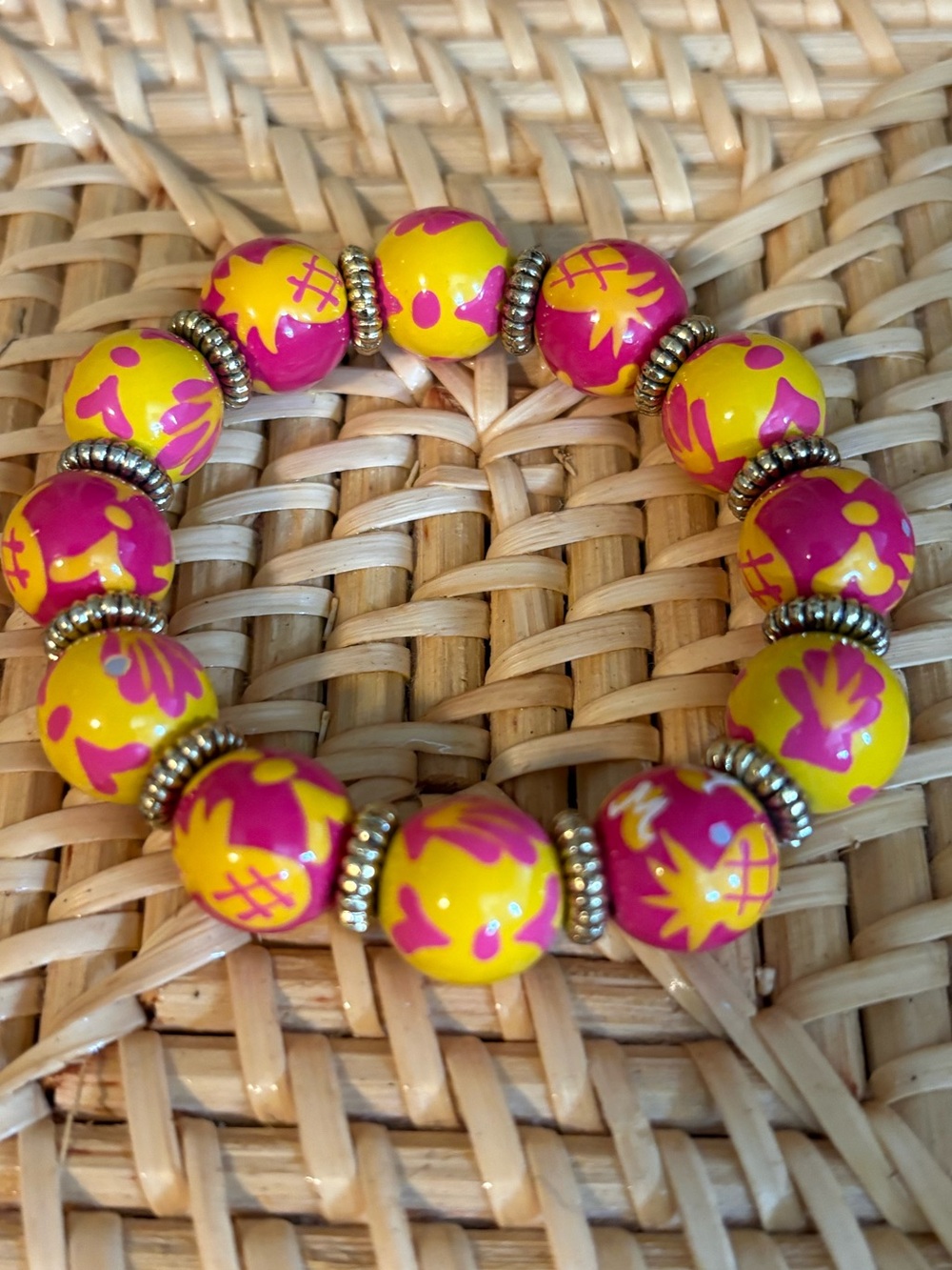 Angela Moore Yellow & Pink Shell/Pineapple Beaded Stretch Bracelet, Gold